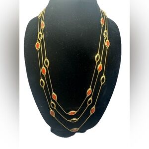 3 Strand Goldtone Elliptical Stones (plastic?) Necklace Vintage. 26” On Shortest